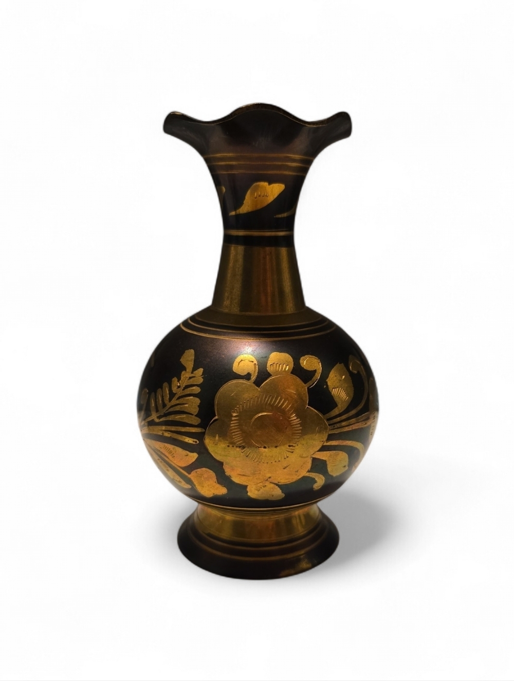Ornate Vintage Brass Black and Gold Floral Decorative Vase